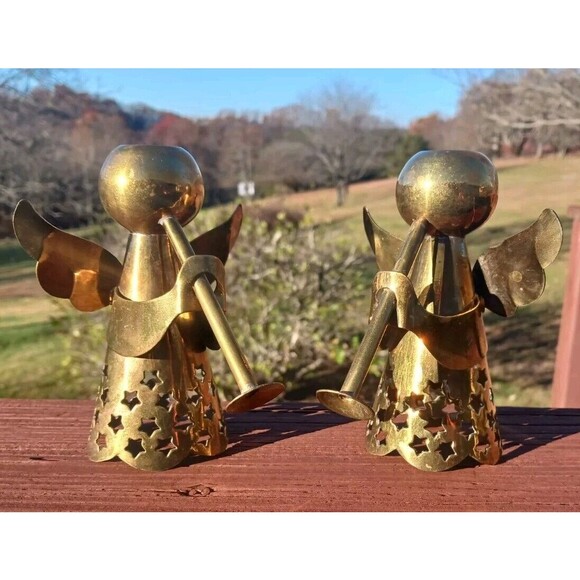 Unbranded Other - VTG Pair of Solid Brass Taper Candle Holders Angels Playing Horn Christmas Decor